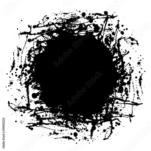 Vector black ink blot with brush strokes, isolated on the white background. Graphic illustration. Series of elements for design, splash, blots and brush strokes.
