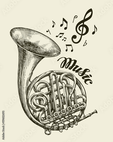 Hand-drawn musical french horn. Sketch vintage trumpet. Vector illustration
