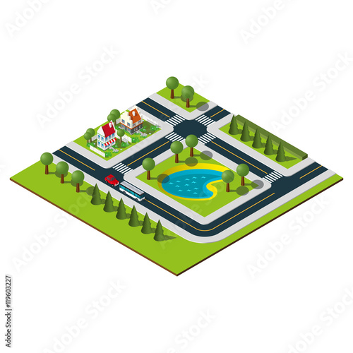 Isometric city map. Isometric lake and houses in suburb.