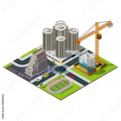 Isometric city map. Hotel and bank illustration. Constraction and central studium illustration.