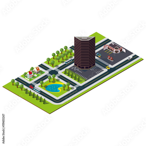 Isometric city map. Bank building in downtown. Isometric lake and houses in suburb. Gas station illustration.
