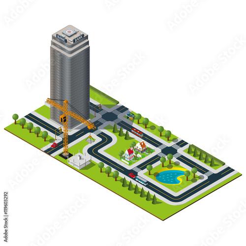 Isometric city map. Bank building in downtown. Yellow crane illustration. Isometric lake and houses in suburb.