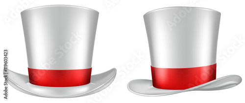 White top hat with red ribbon. Frontal and three quarter views. Vector illustration.