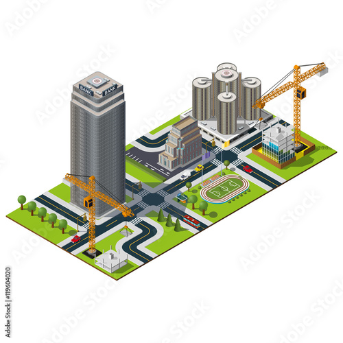 Isometric city map. Bank street in downtown. Constraction and central studium illustration.