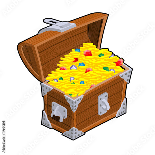 Open treasure chest isometrics. Old casket with money. Gold and