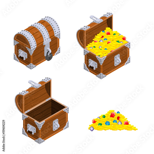 Open treasure chest isometrics. Old casket with money. Gold and