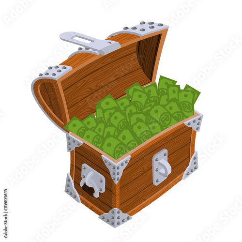 Open treasure chest isometrics. Old casket with money. Gold and