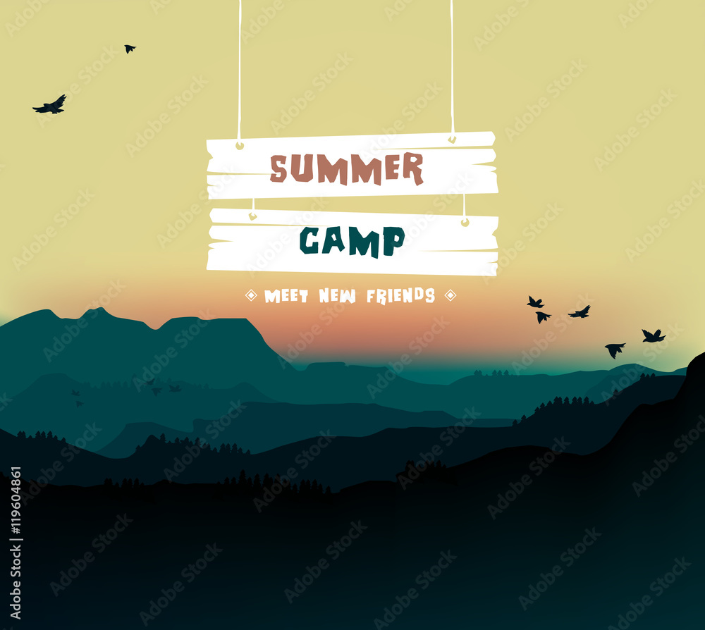 Fototapeta premium Summer camp, themed camp and vacation poster illustration