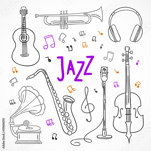 Jazz musical instruments. Jazz festivel music. Hand drawn jazz orchestra illustrations