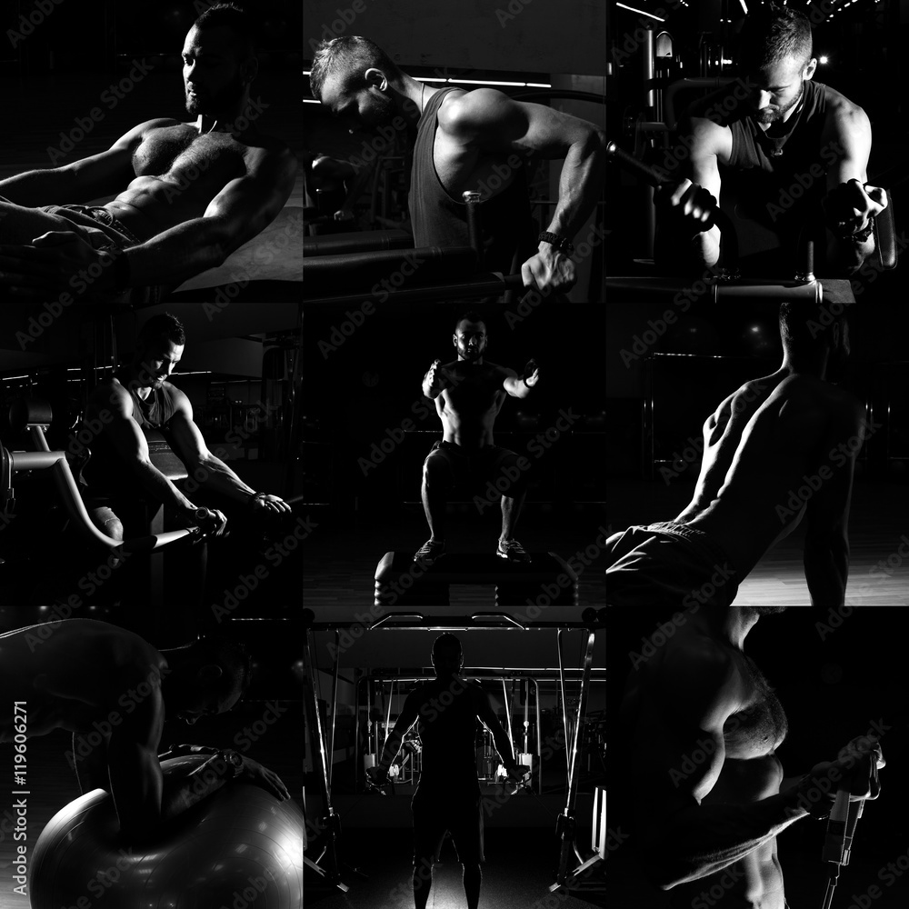 Collage of different bodybuilders images in gym. Beautiful man b