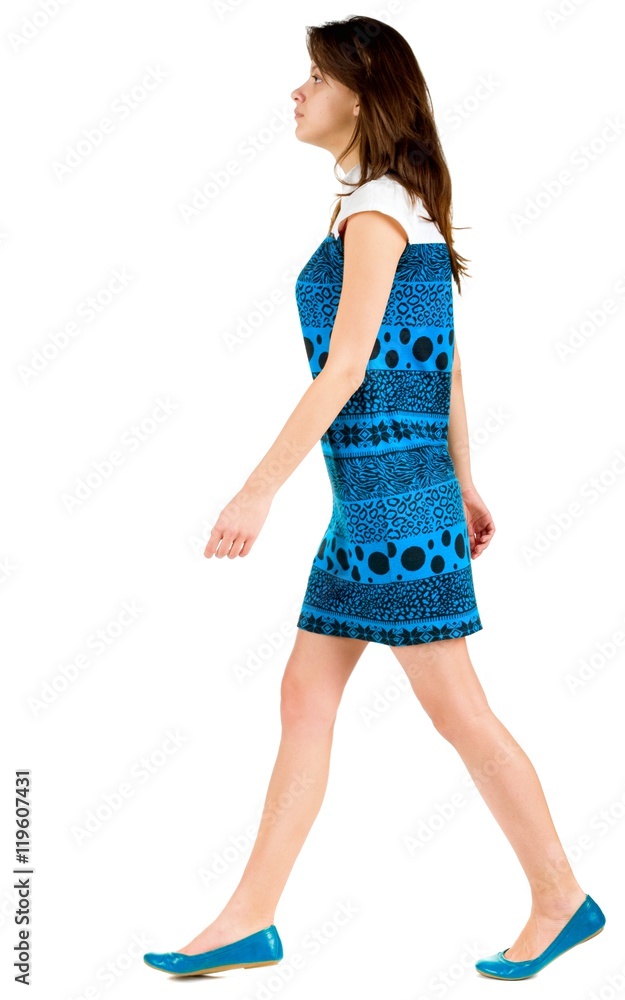 back side view of going brunette girl in blue dress. beautiful woman in motion. backside view of person. Isolated over white background. Rear view people collection. back side view of going brunette girl in blue dress. beautiful woman in motion. backside view of person. Isolated over white background. Rear view people collection.