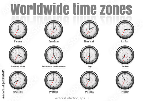 Set of clocks showing international time. World time  zones. Vector illustration