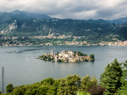 View of the island of San Giulio in Lake Orta Italy