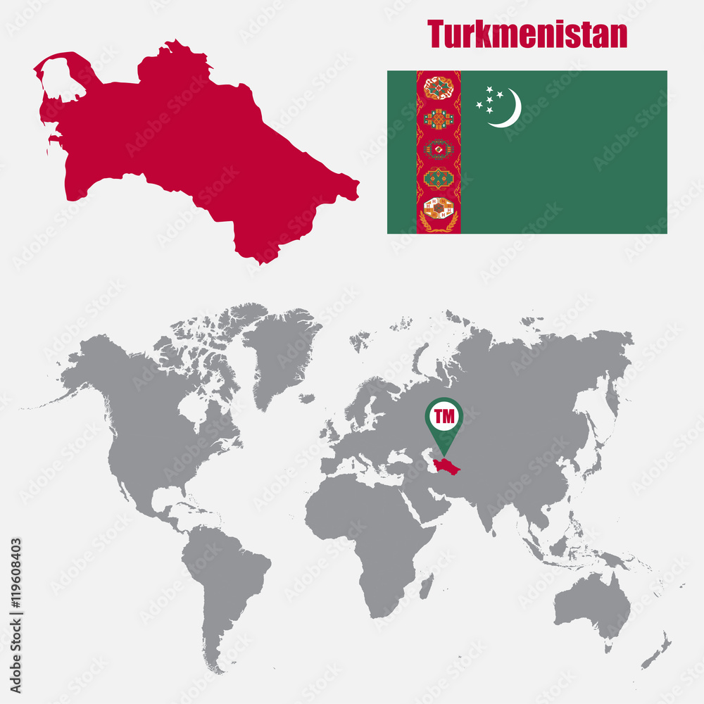 Naklejka premium Turkmenistan map on a world map with flag and map pointer. Vector illustration