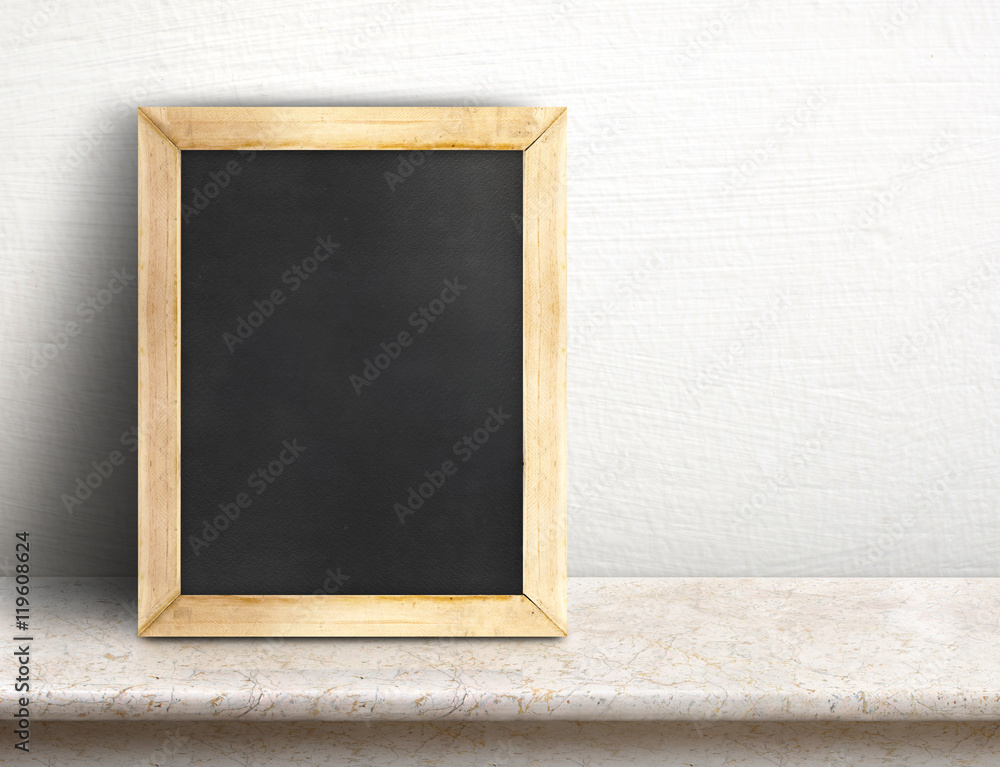 Blank blackboard on cream marble table at white tile wall,Templa