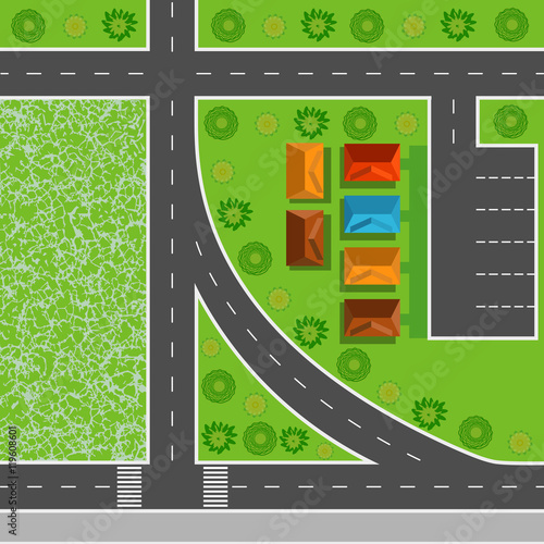 Top view of the city seamless pattern of streets, roads, houses and trees