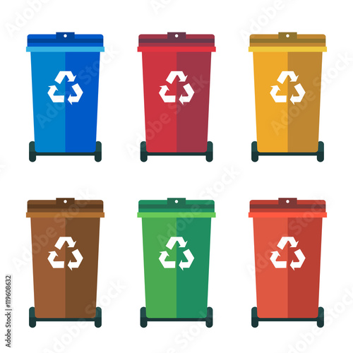 Different Colored wheelie bins, trash bins, sorting garbage vector flat illustration