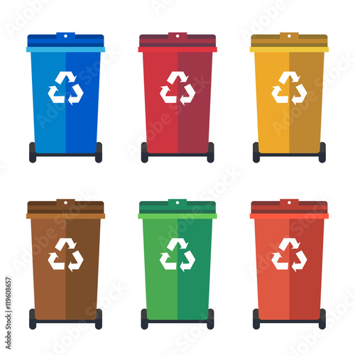 Different Colored wheelie bins, trash bins, sorting garbage vector flat illustration