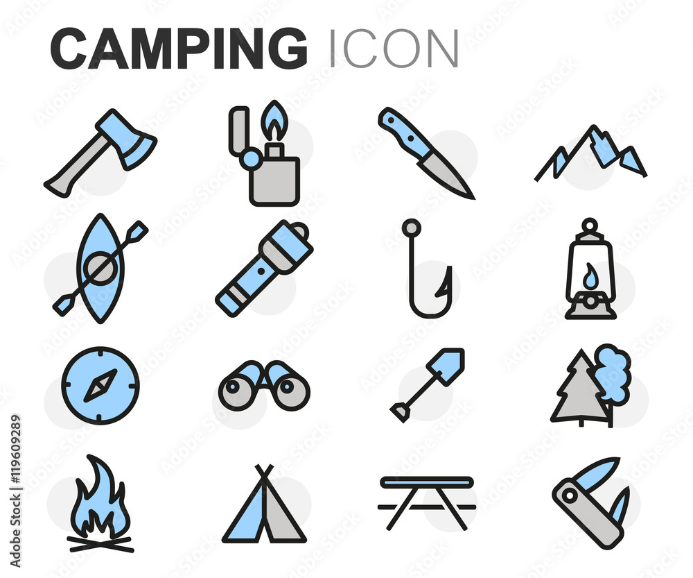 Vector flat line camping icons set Vector flat line camping icons set