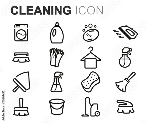 Vector black line cleaning icons set