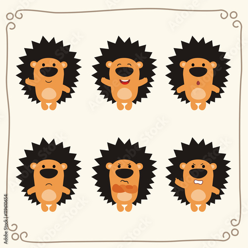 Vector set cute hedgehog. Collection isolated funny hedgehog. Emotion little hedgehog.