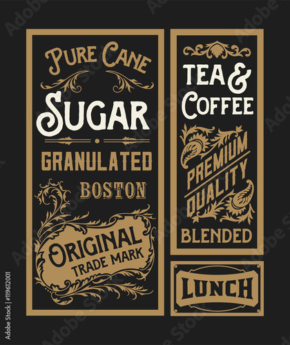 Set of old advertisement designs and labels