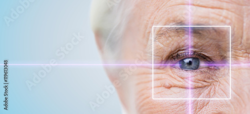 close up of senior woman eye with laser light