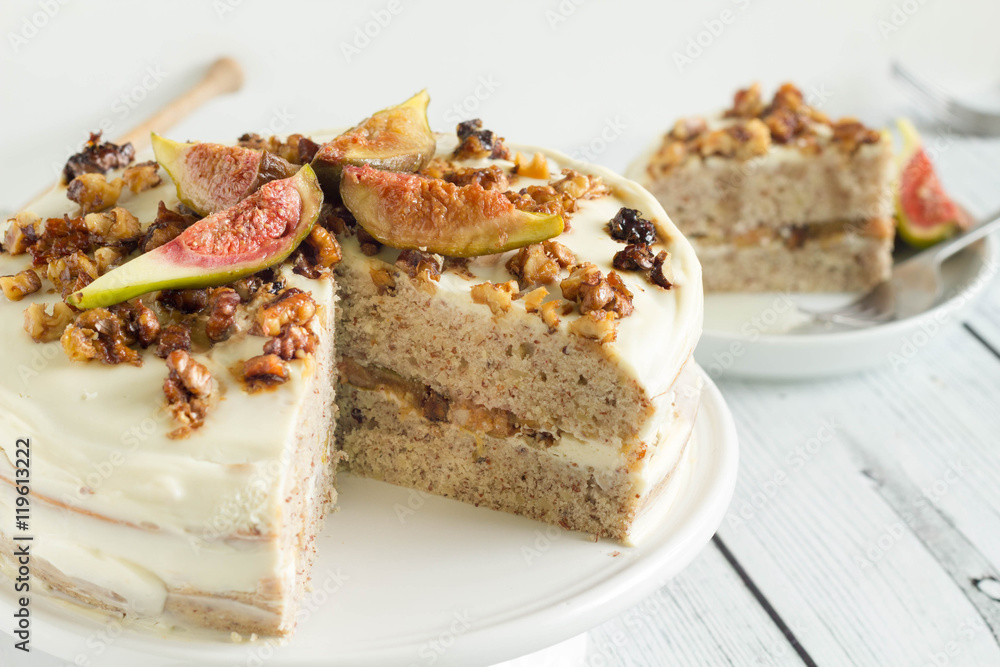 Sliced fig cake on plate. Sliced fig cake on plate.