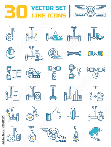 Set of linear icons on the topic of the smart eco transport. Mod