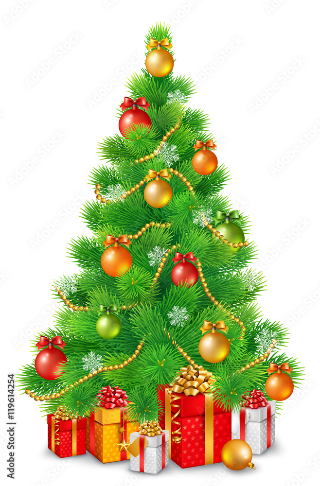 Green fluffy Christmas tree with colorful balls, snowflakes and garlands. Under the tree are Christmas gifts. Vector illustration, isolated on white background...