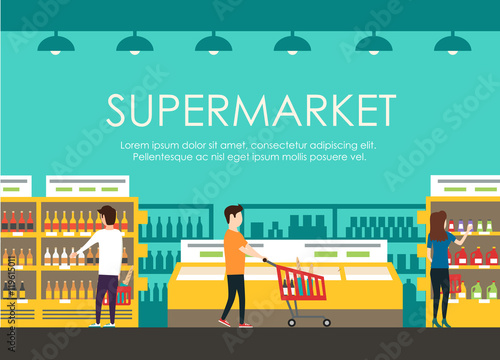 People in supermarket. Vector flat illustration. Grocery store