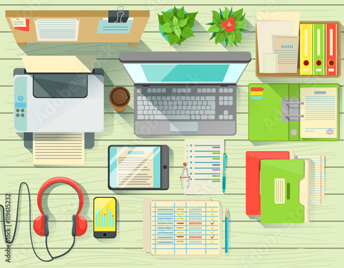 Modern Office Desk Elements Set View From Above