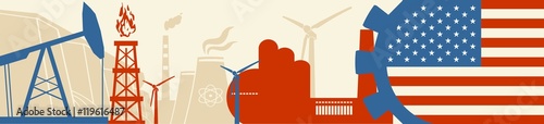 Energy and Power icons set. Header banner with United States flag. Sustainable energy generation and heavy industry. Vector illustration