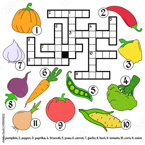 Multicolored crossword. Education game. Different vegetables in a flat style.