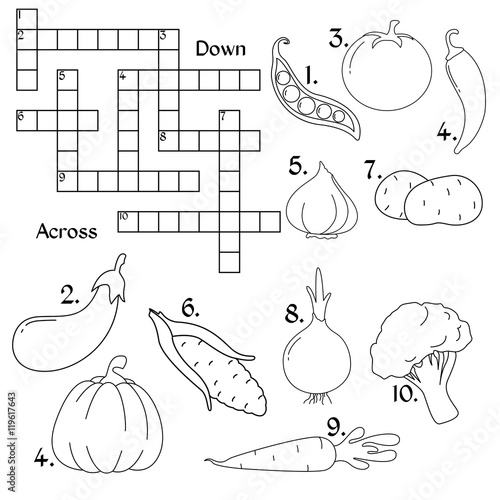 vegetables crossword. Education game. Different vegetables in a flat style.