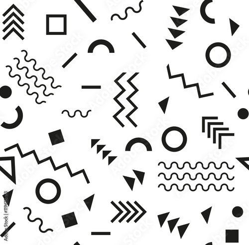 Retro vintage 80s or 90s fashion style. Memphis seamless pattern. Trendy geometric elements. Modern abstract design. Good for textile fabric. Vector illustration.