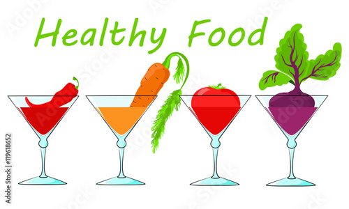 The juice in a glass. Vegetables. A tomato. Beet . Pepper. Carrot.