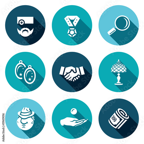 Vector Set of Pawnshop Icons. Appraiser, Jewel, Cost estimate, Jewelry, Deal, Rarity, Criminal, Pay, Money.