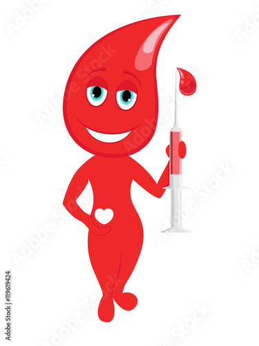 Cartoon Character of Blood Drop. Cartoon drop of blood holding a syringe and heart.