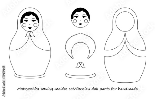 Russian traditional wooden toys, babushka, matryoshka, simple moldes set for handmade art. Vector illustration sewing elements. National culture. Retro doll background  adult coloring page book