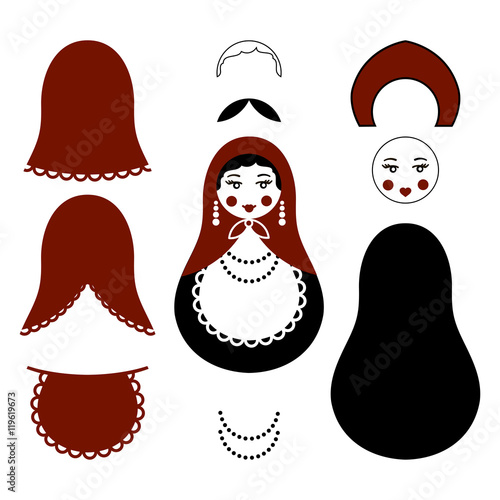 Russian traditional wooden toys, babushka, matryoshka, simple moldes set for handmade art. Vector illustration sewing elements. National culture. Retro doll background adult coloring page book