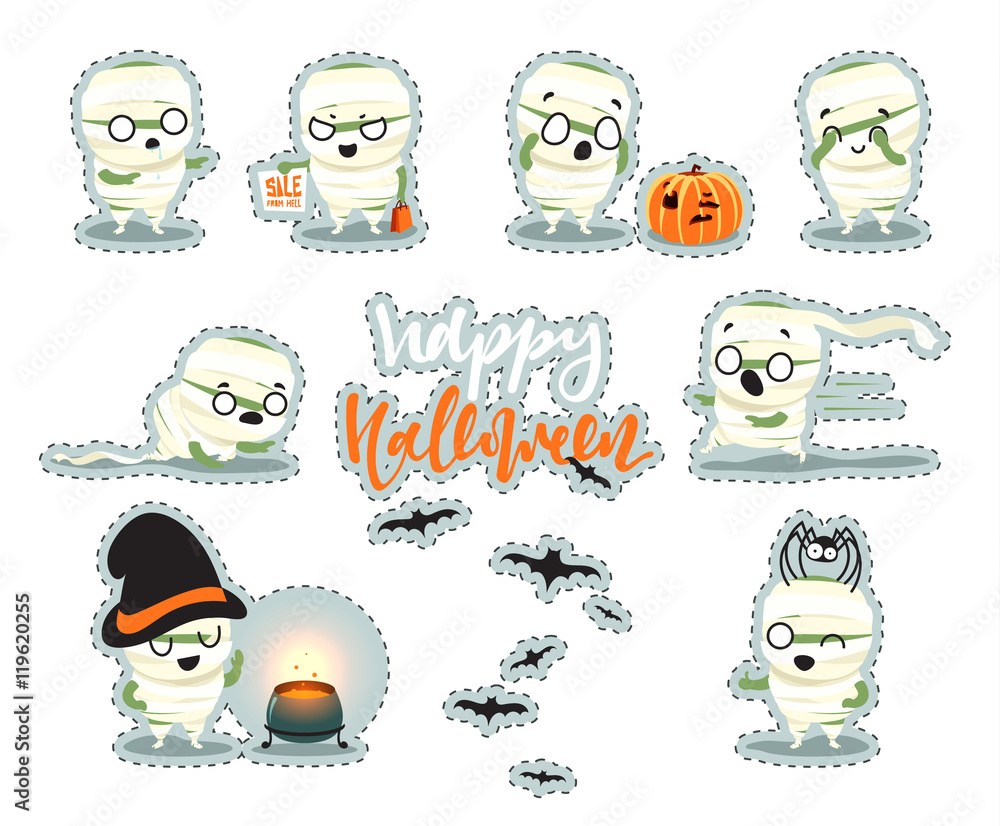 Fototapeta premium Celebration Happy Halloween. Set cute cartoon halloween character costumes, zombie, mummy. Funny doodle characters with hat cooks in the pot. Surprised fright, smile and fear, bats fly