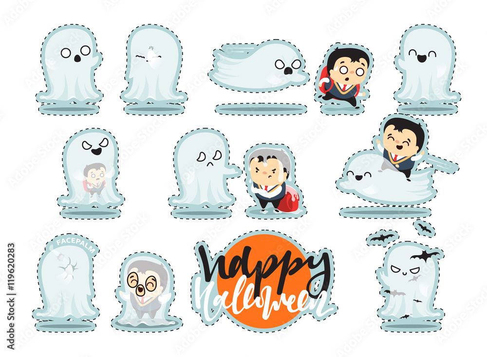 Plakat Funny cartoon schoolboy character and ghosts, Scene Concept adventure on Halloween. Doodle cute characters for holiday happy Halloween. Children and mythical creatures. Isolated vector illustration