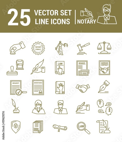 Vector set of icons in a linear design. Notary and notary office. Set of elements of legal Affairs, certification of papers, certificates, contracts, documents. Template for website, app, stamp.