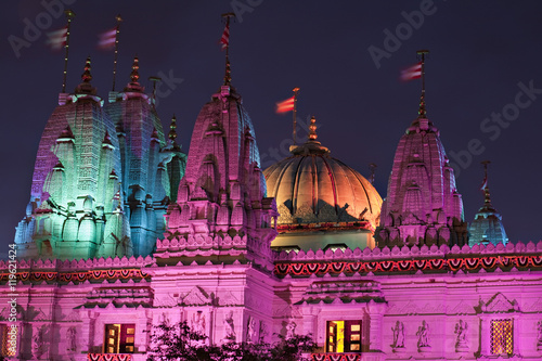 Shri Swaminarayan Mandir Temple illuminated for Hindu Festival of Diwali photo
