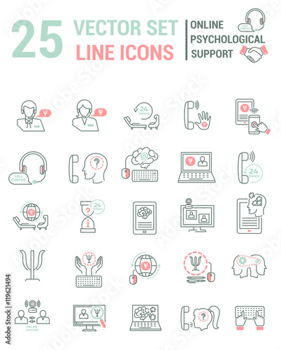 Set vector line icons in flat design with Online psychological s