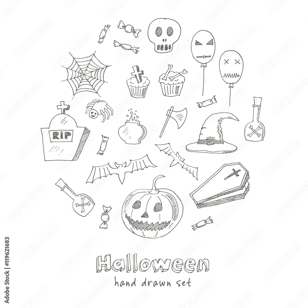 Fototapeta premium Happy Halloween Trick or Treat Doodles. Hand Drawn Holiday Design