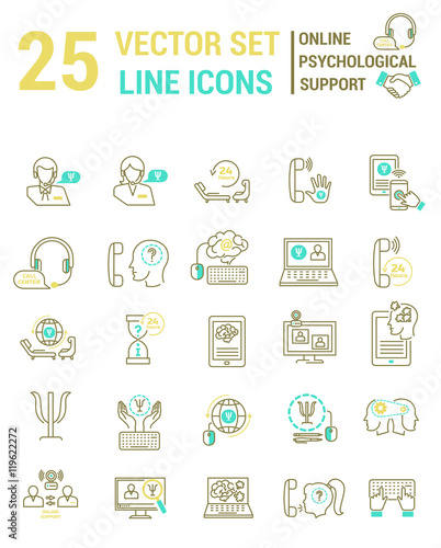 Set vector line icons in flat design with Online psychological s
