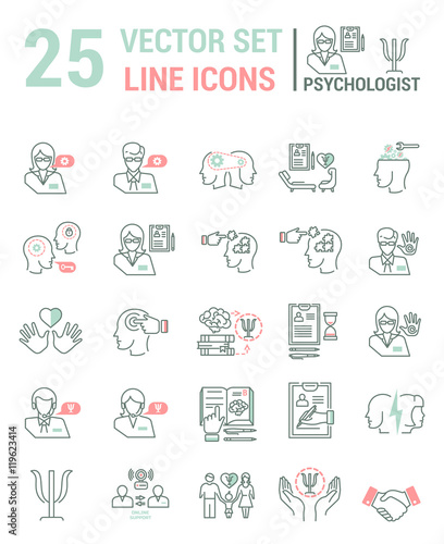Set vector line icons in flat design with psychological help elements