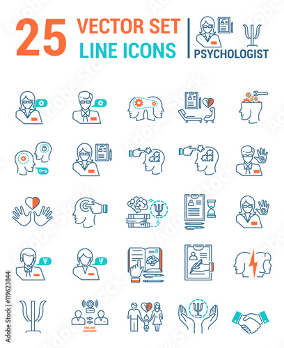 Set vector line icons in flat design with psychological help elements